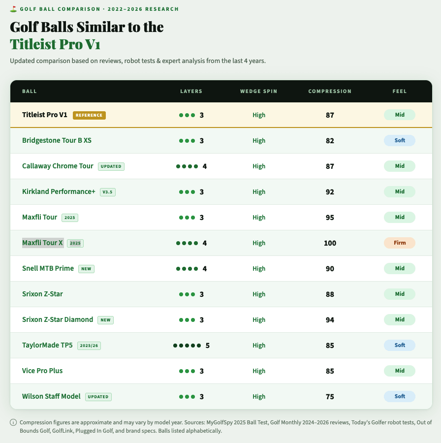 Les alternatives au Titleist Pro V1 se multiplient avec des performances désormais comparables : Bridgestone Tour BX pour un jeu similaire avec moins de spin, Callaway Chrome Soft pour la douceur, et TaylorMade TP5 pour l'innovation technologique.