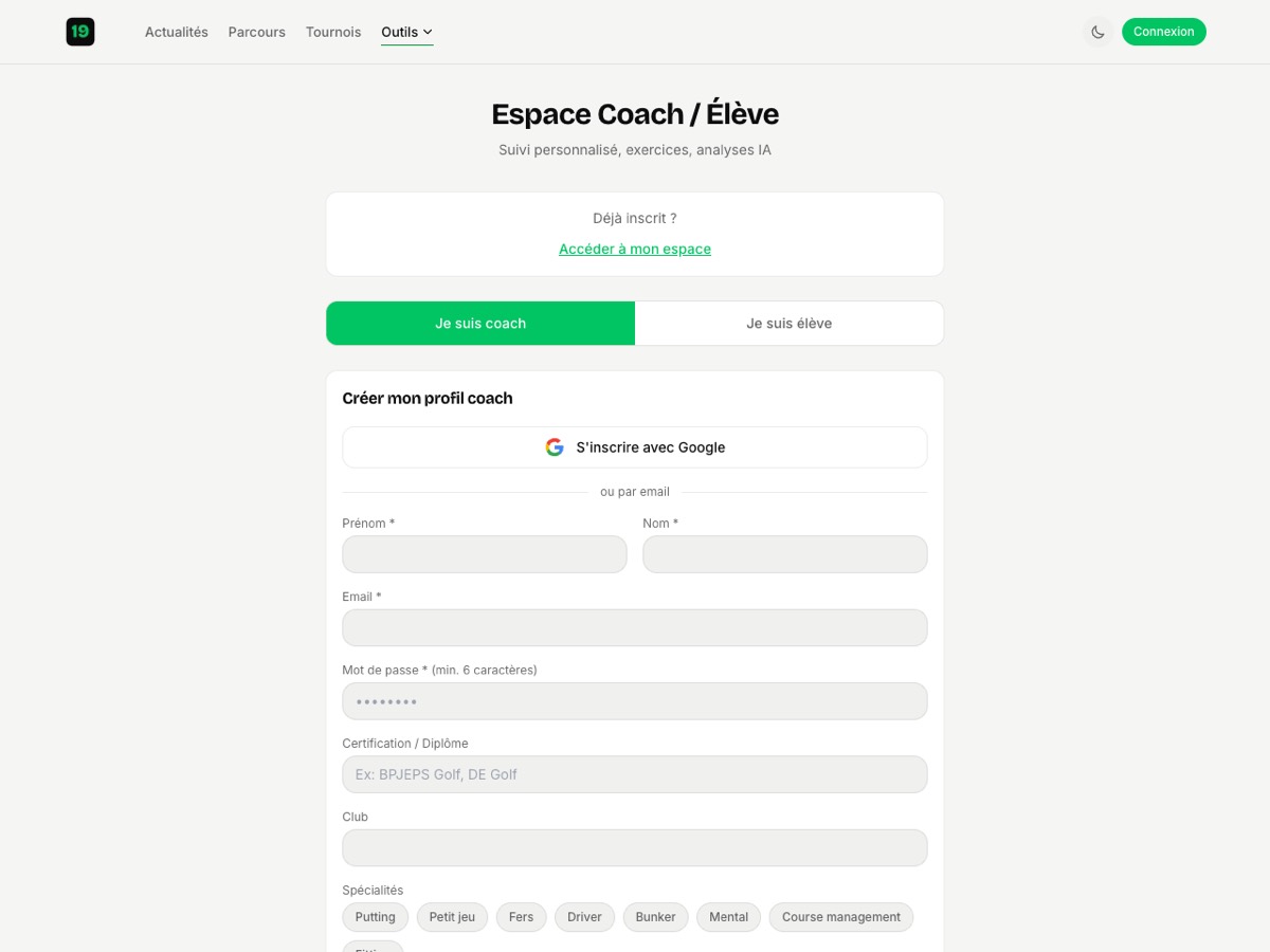 Espace coaching le19.golf : création de profil coach ou élève avec choix des spécialités