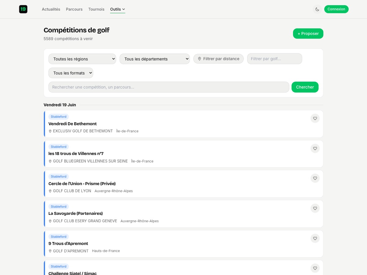 Calendrier des compétitions amateurs FFGolf filtrable par région, département et format