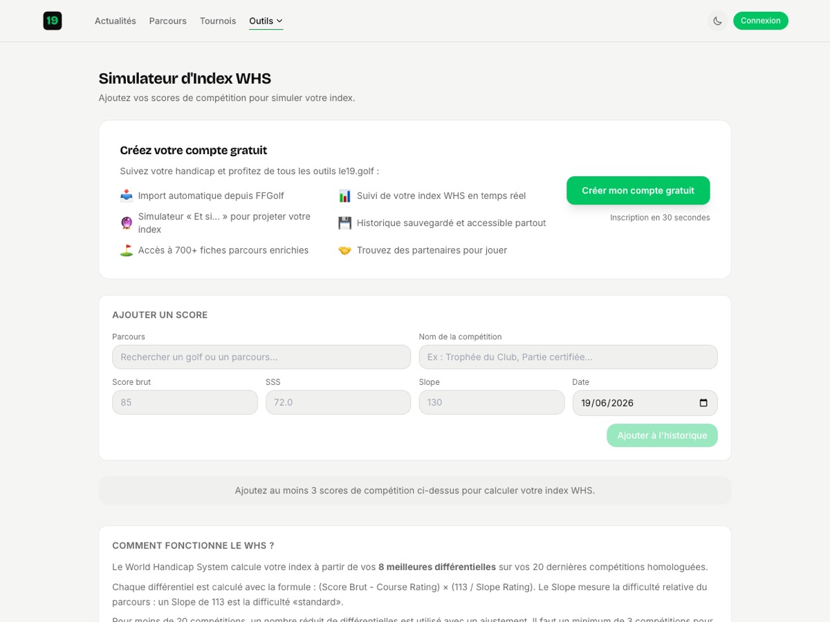 Simulateur d'index WHS le19.golf avec saisie des scores de compétition et explication du calcul