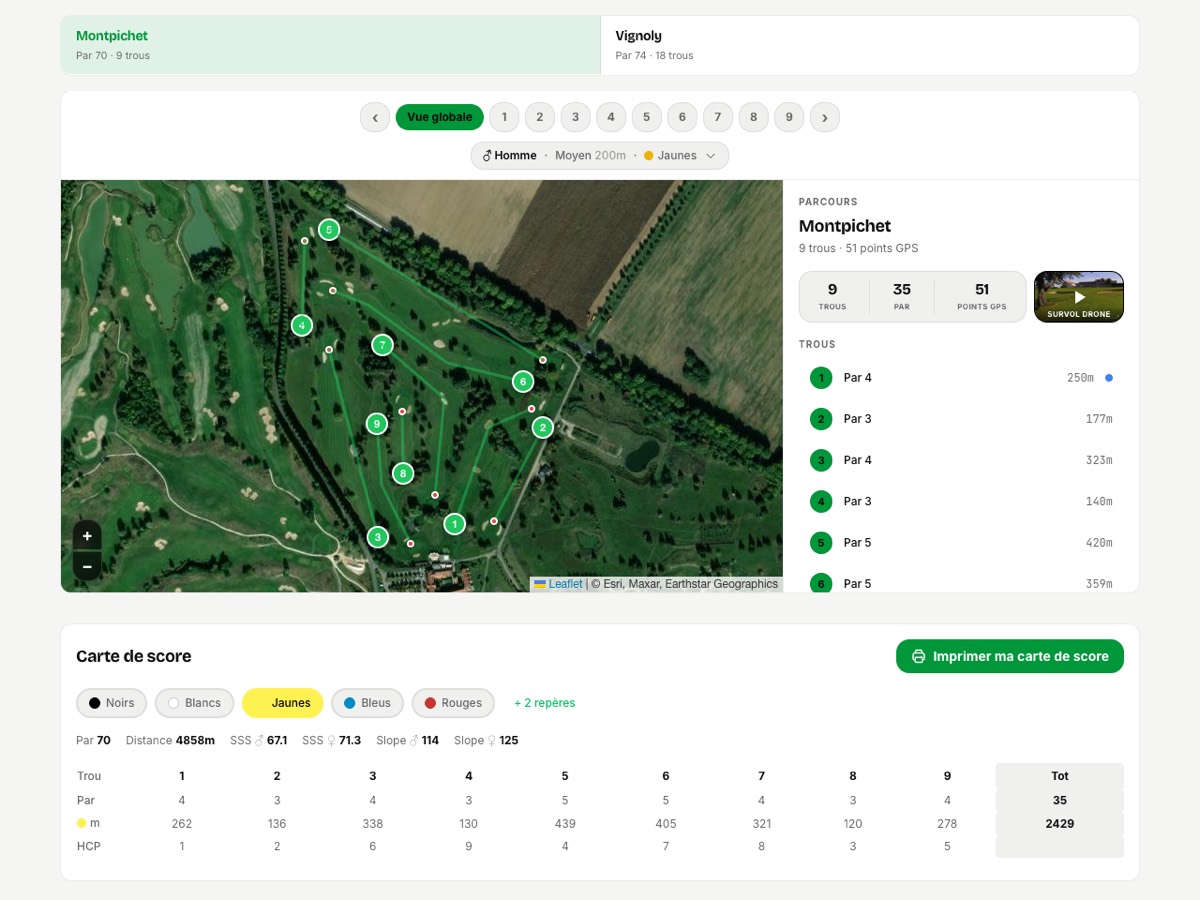 Carte GPS satellite d'un parcours avec les trous numérotés et la carte de score interactive